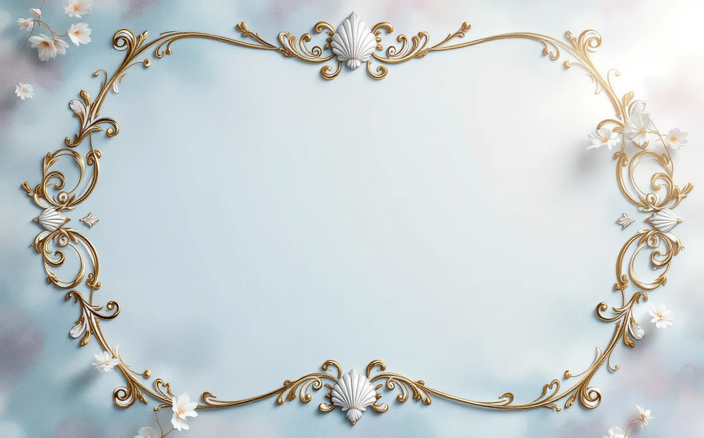 A refined rococo gilded scrollwork cartouche with four pastel-tinted ornamental corners standing for the four peptides of the KLOW blend, set asymmetrically on a cool porcelain ground with delicate floral filigree